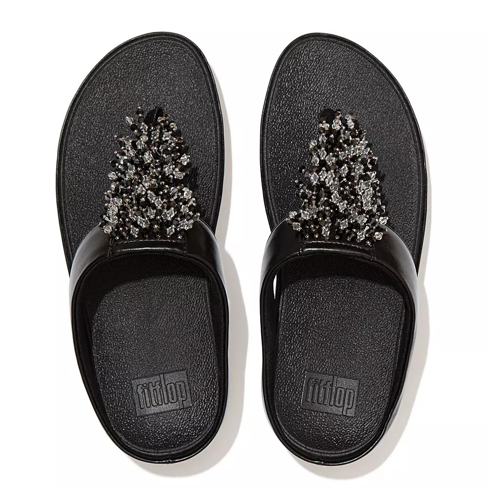 Black Women's Fitflop RUMBA Beaded Toe-Post Sandals | NZ.23LRG