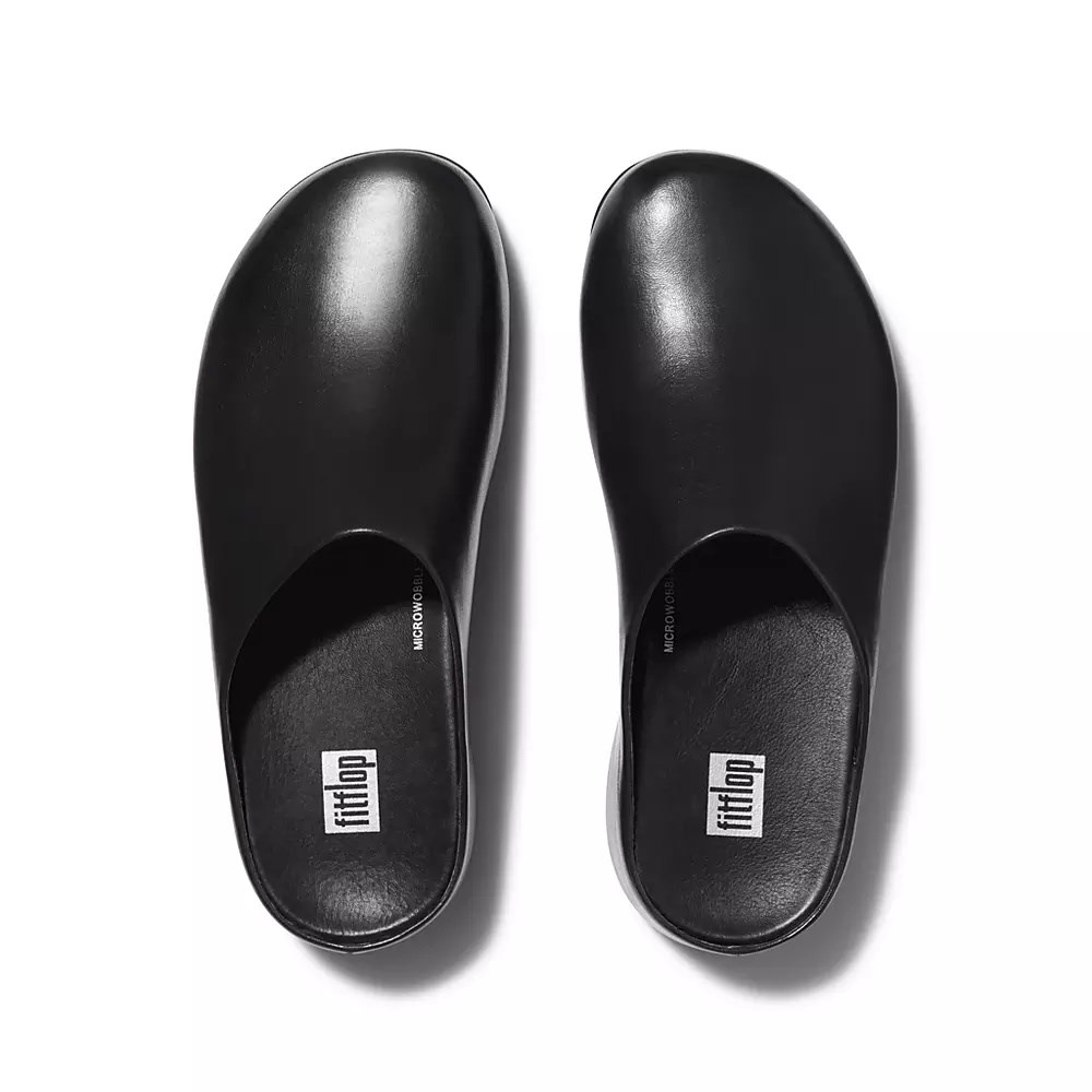 Black Women's Fitflop SHUV Leather Clogs | NZ.81KFJ