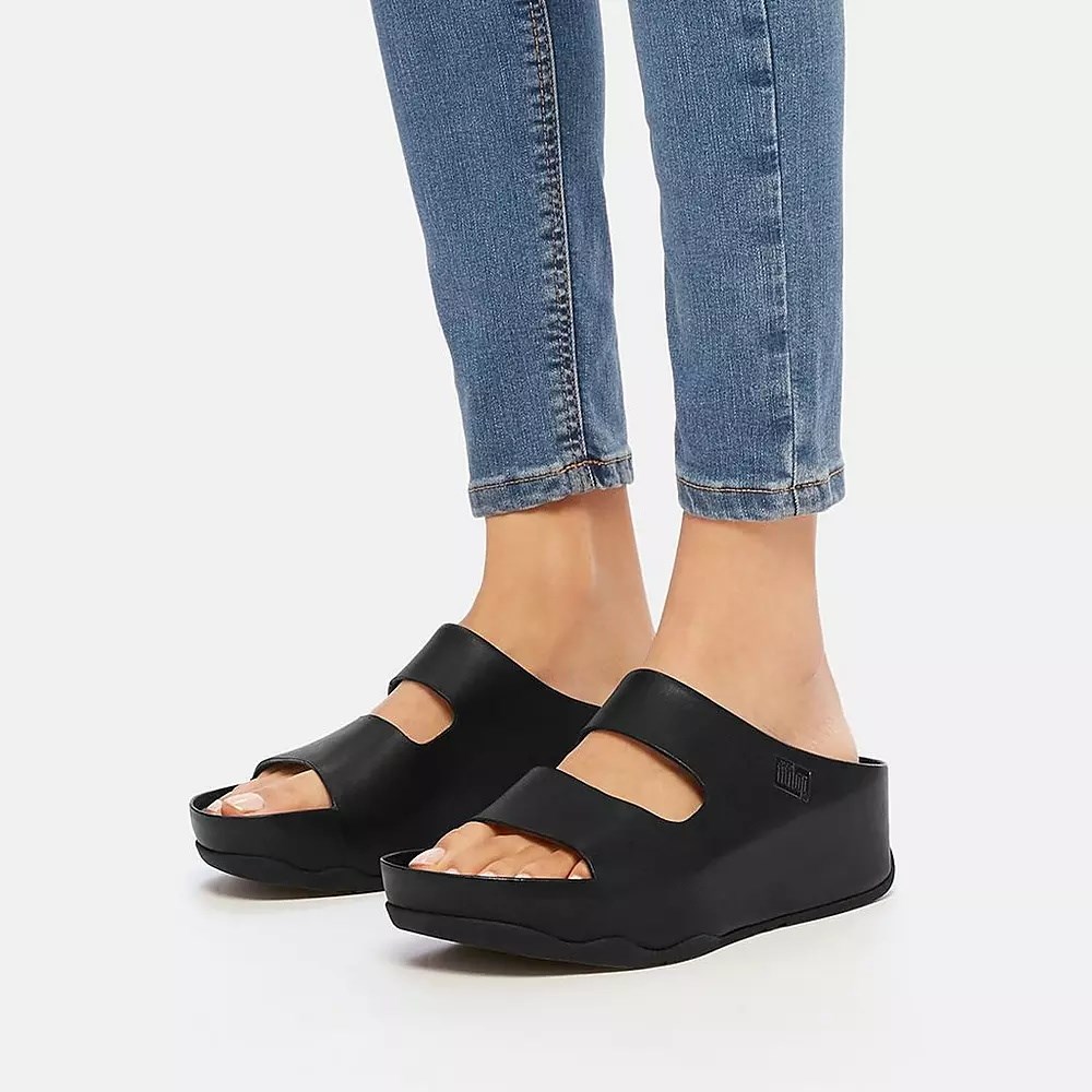 Black Women's Fitflop SHUV Two-Bar Leather Slides | NZ.14XHM