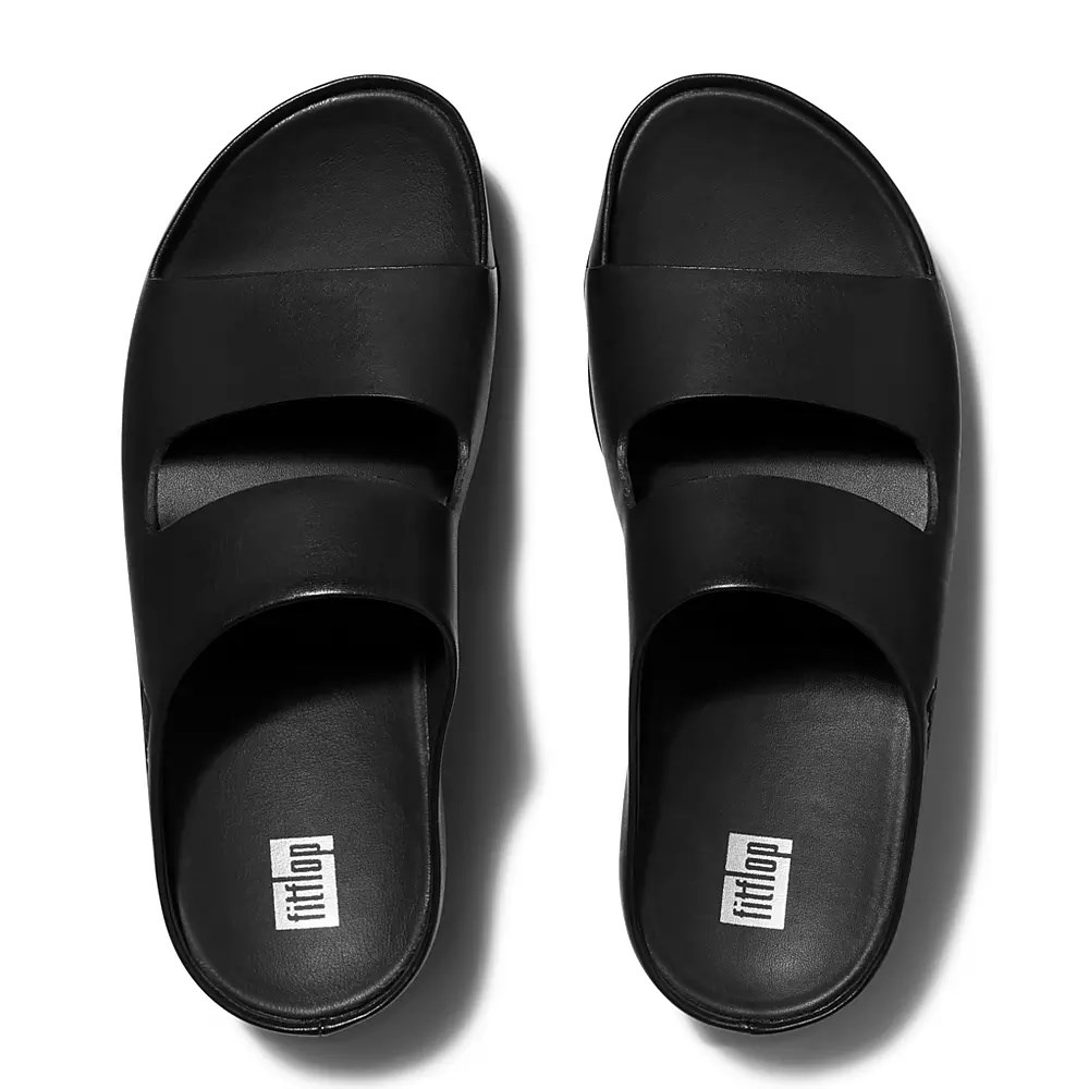 Black Women's Fitflop SHUV Two-Bar Leather Slides | NZ.14XHM