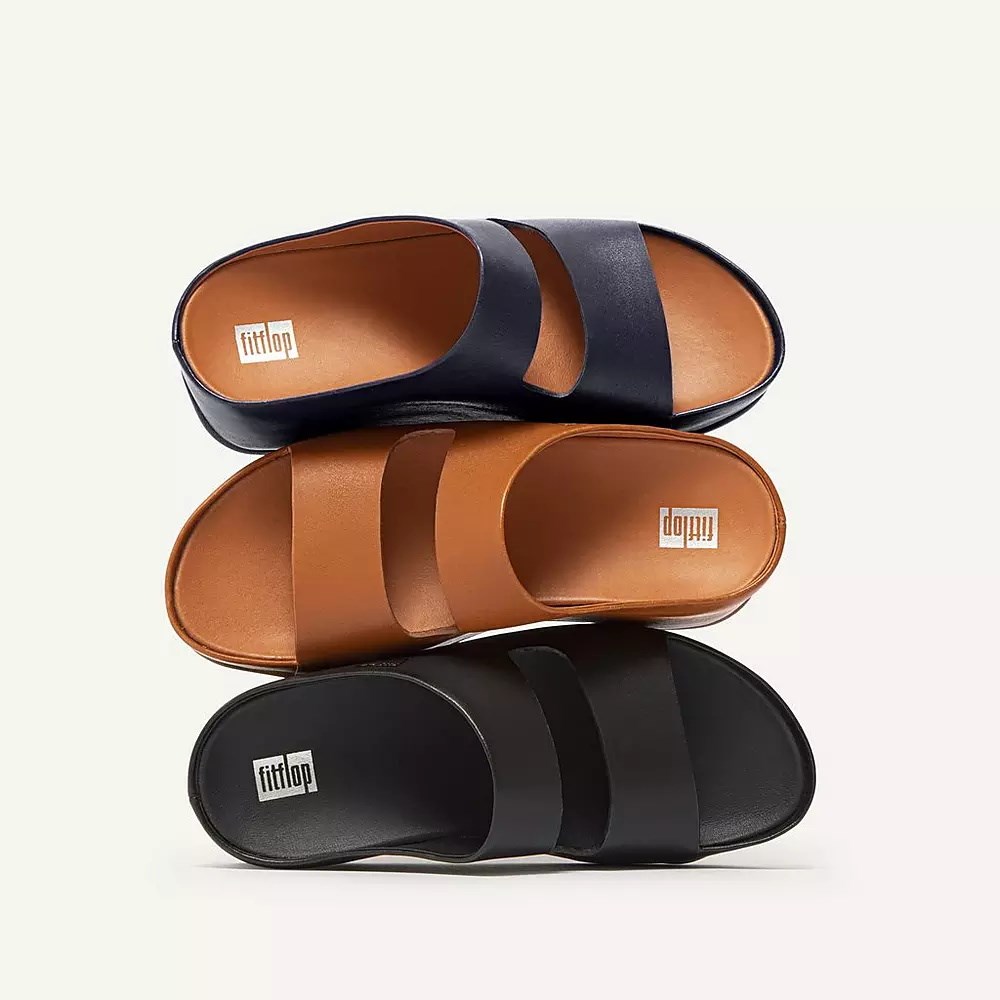 Black Women's Fitflop SHUV Two-Bar Leather Slides | NZ.14XHM