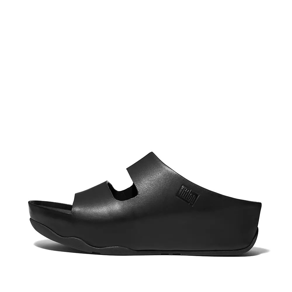 Black Women\'s Fitflop SHUV Two-Bar Leather Slides | NZ.14XHM