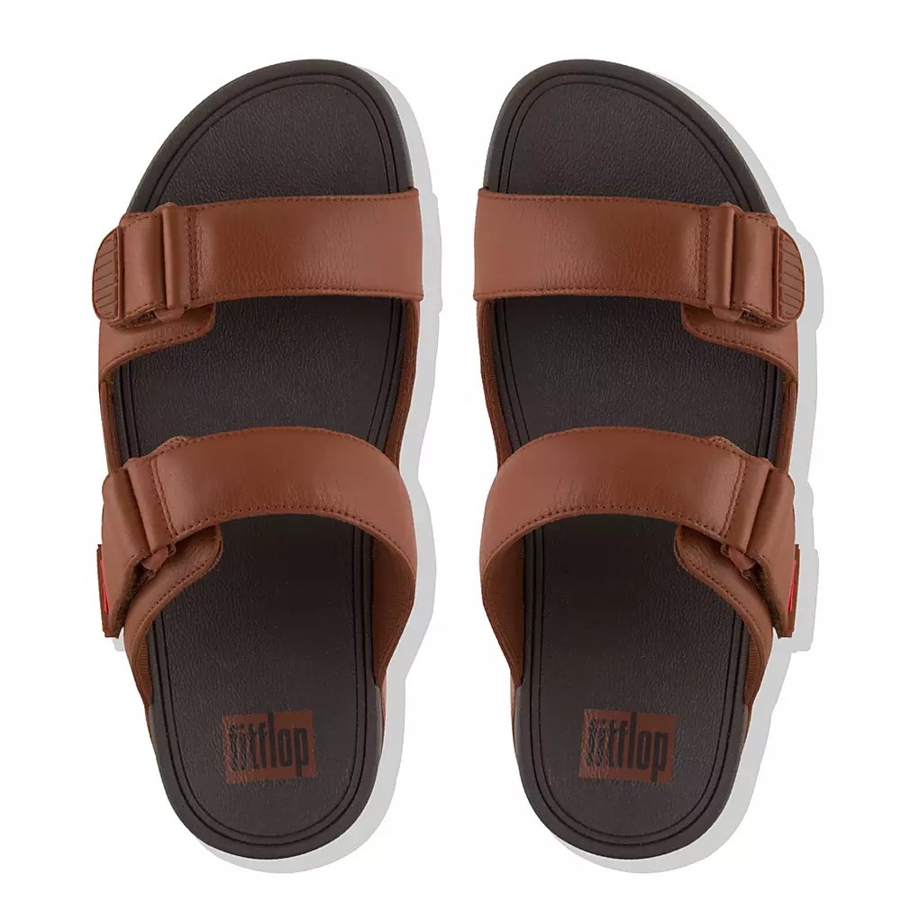 Brown Men's Fitflop GOGH MOC Adjustable Leather Slides | NZ.57OMN