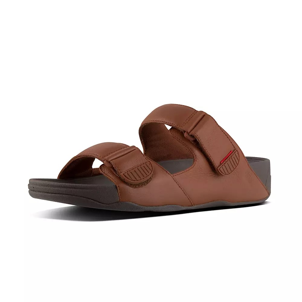 Brown Men's Fitflop GOGH MOC Adjustable Leather Slides | NZ.57OMN