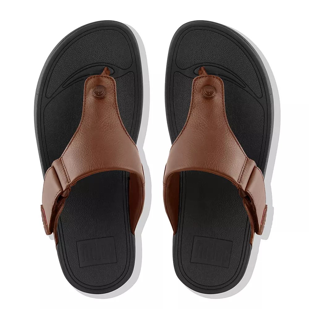 Brown Men's Fitflop TRAKK II Leather Toe-Post Sandals | NZ.49HDA