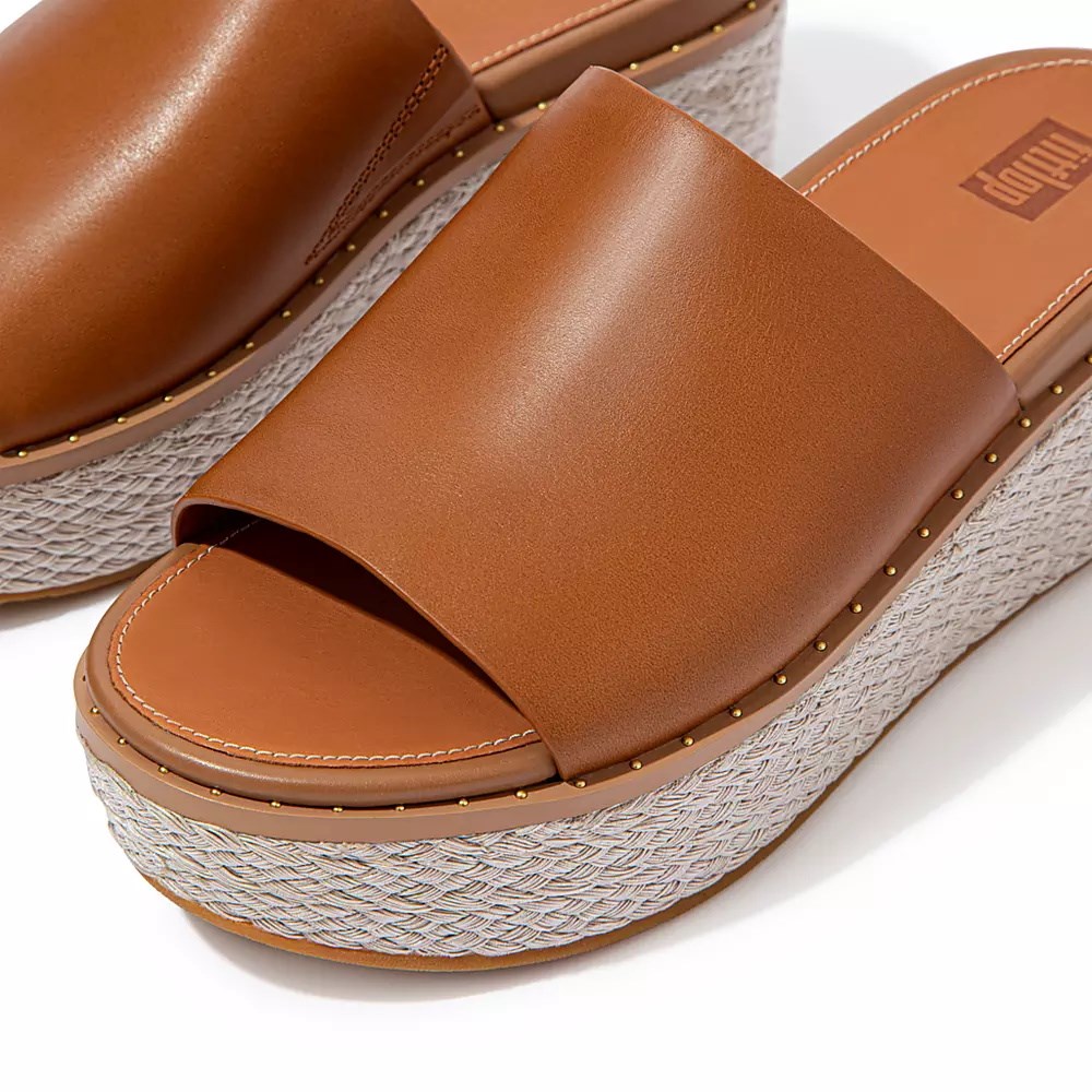 Brown Women's Fitflop ELOISE Espadrille Leather Wedge Slides | NZ.73ZCO