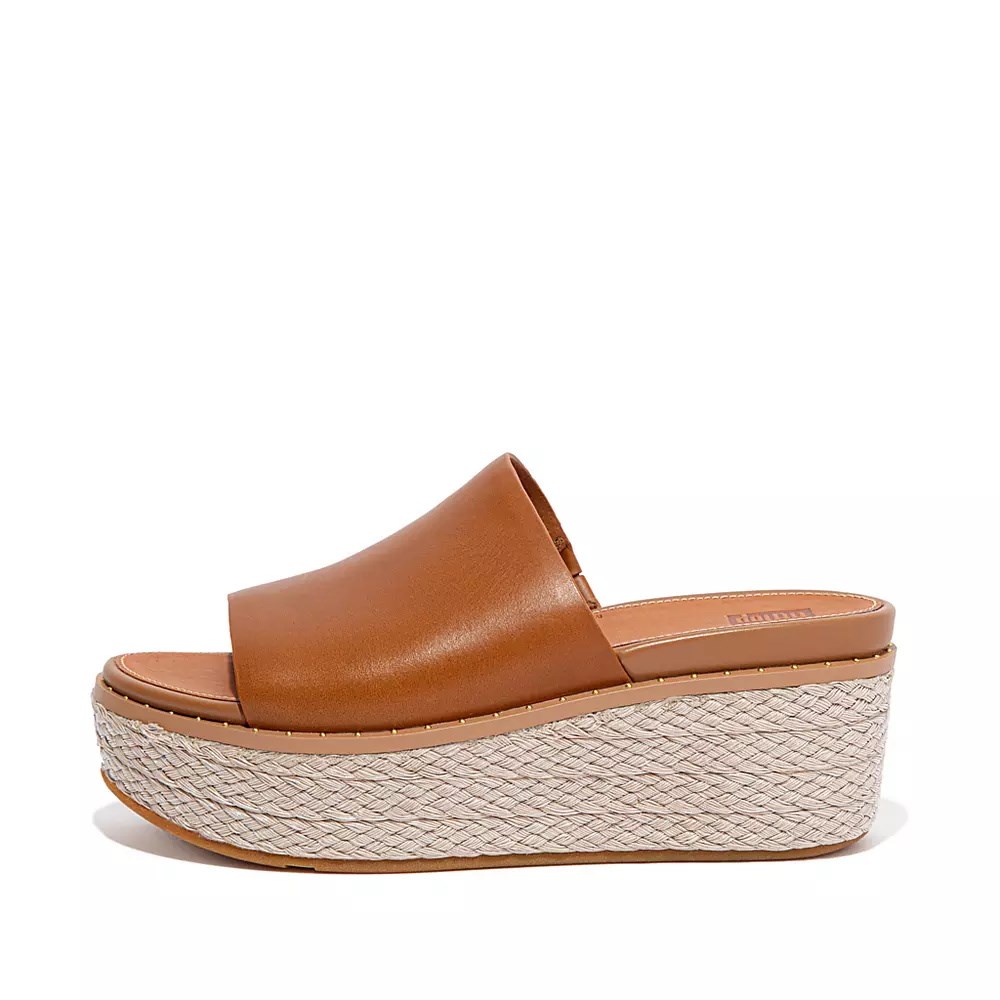 Brown Women\'s Fitflop ELOISE Espadrille Leather Wedge Slides | NZ.73ZCO