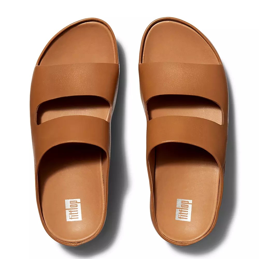 Brown Women's Fitflop SHUV Two-Bar Leather Slides | NZ.85IQR