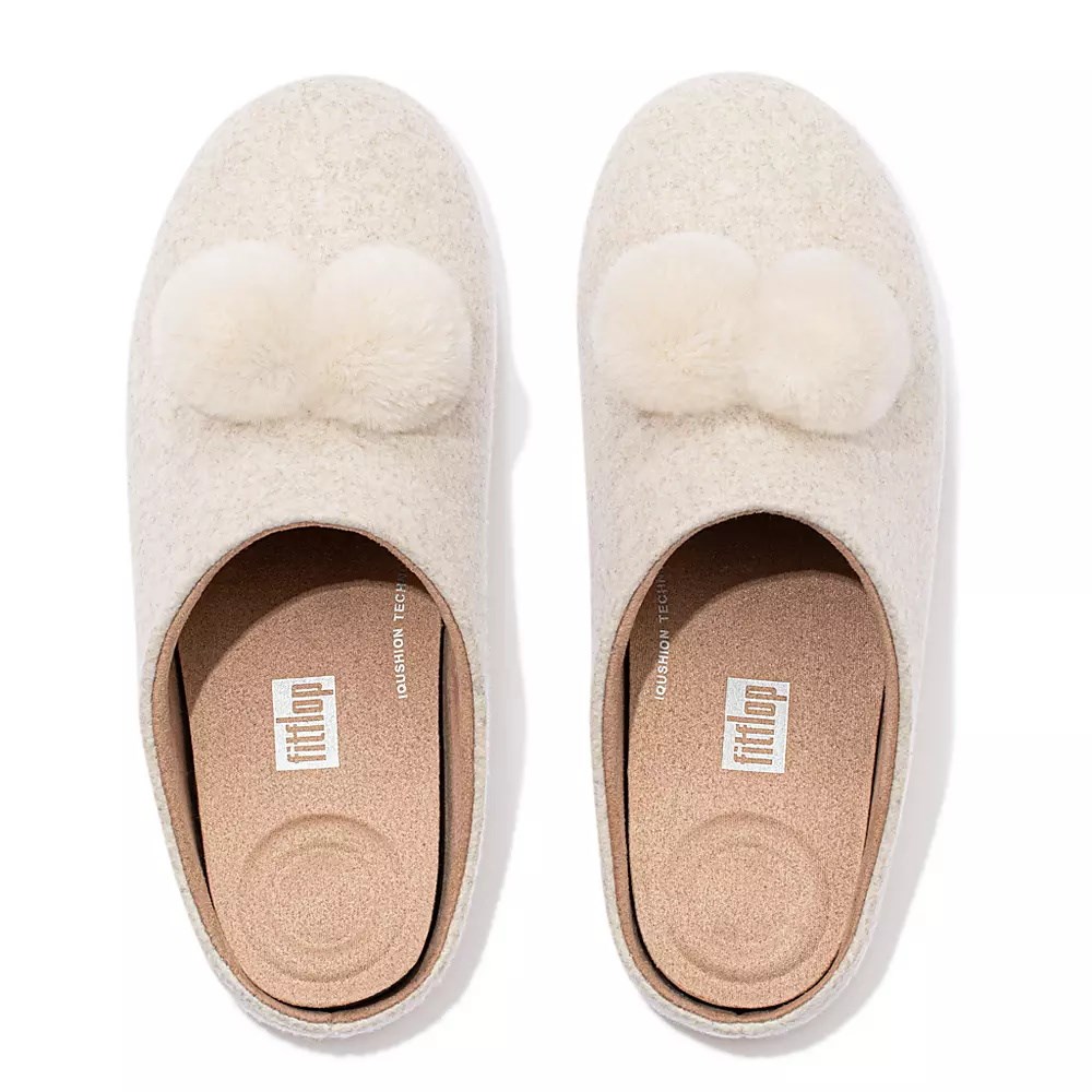 Cream Women's Fitflop CHRISSIE Pom-Pom Felt Slippers | NZ.97ISF