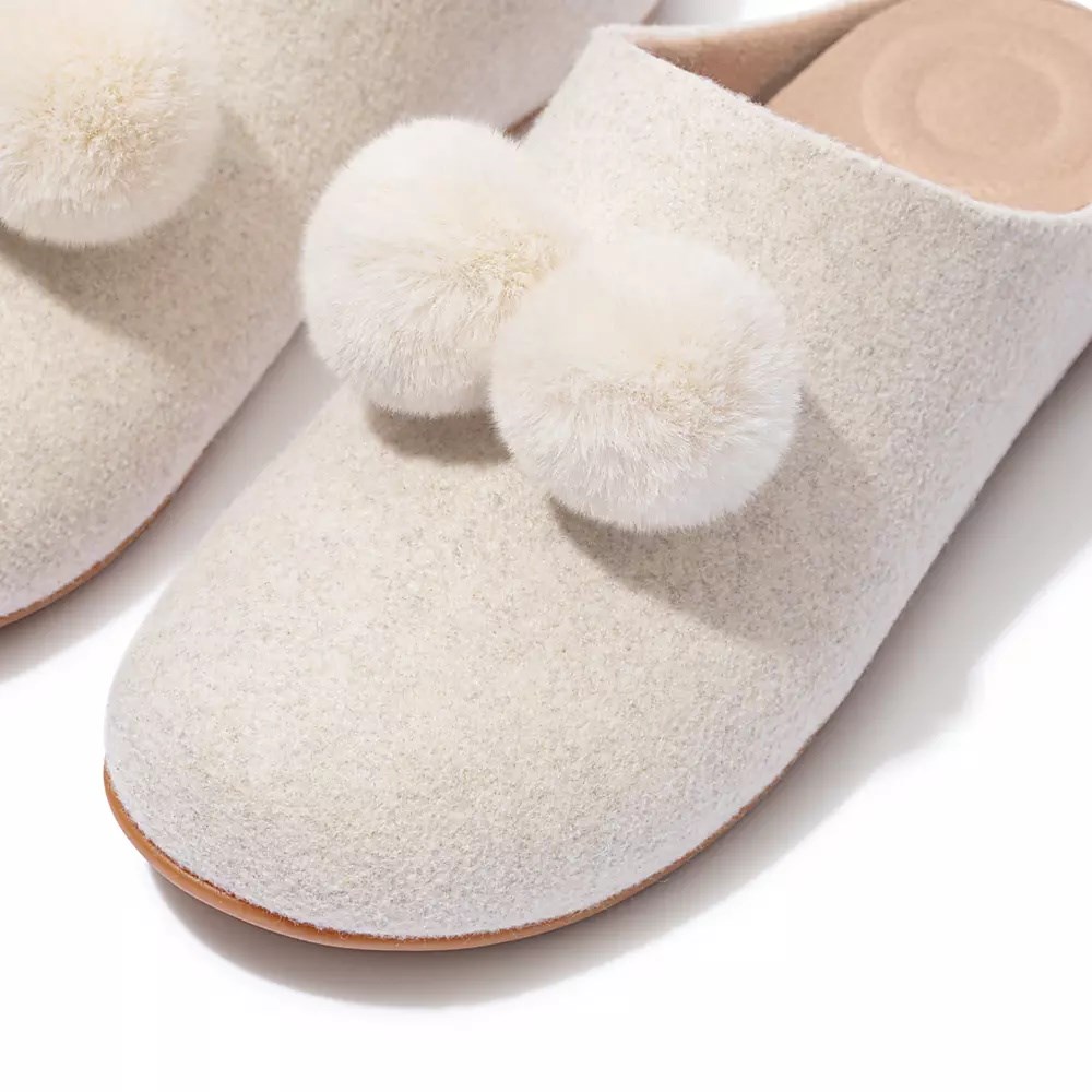 Cream Women's Fitflop CHRISSIE Pom-Pom Felt Slippers | NZ.97ISF