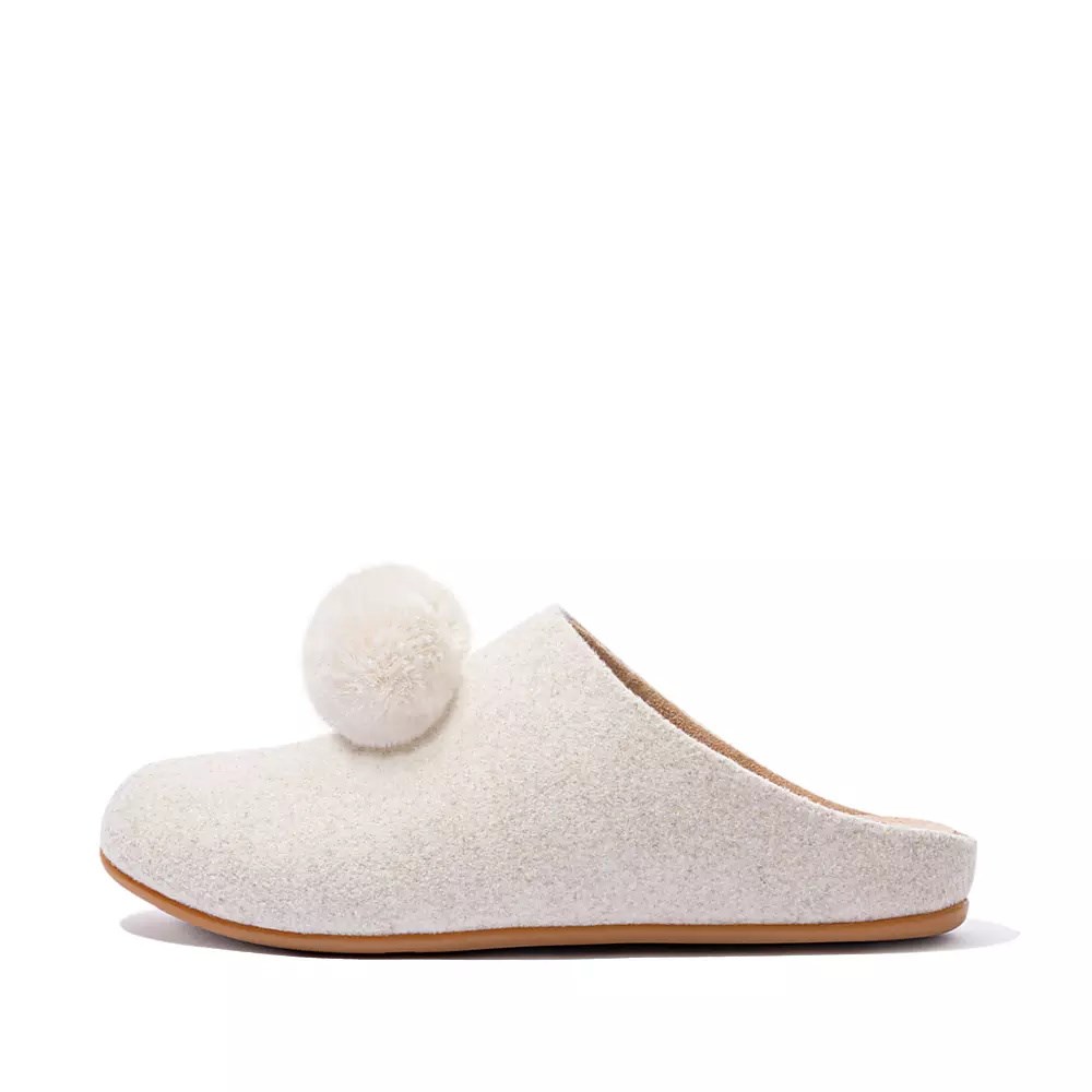 Cream Women\'s Fitflop CHRISSIE Pom-Pom Felt Slippers | NZ.97ISF