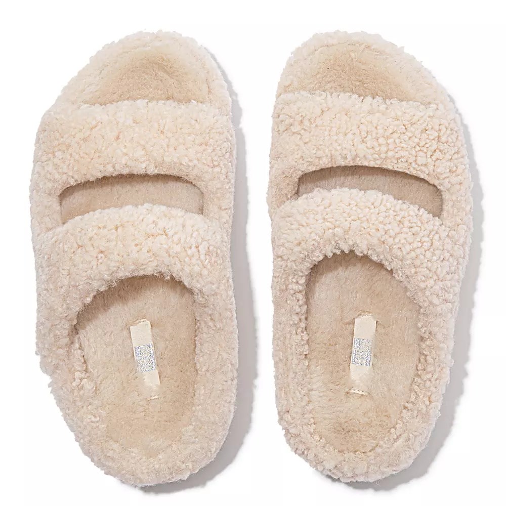 Cream Women's Fitflop SHUV Two-Bar Shearling Slides | NZ.18IBP