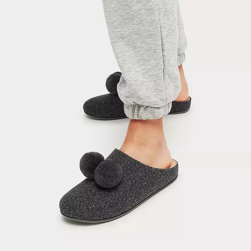 Dark Grey Women's Fitflop CHRISSIE Pom-Pom Felt Slippers | NZ.62SBC