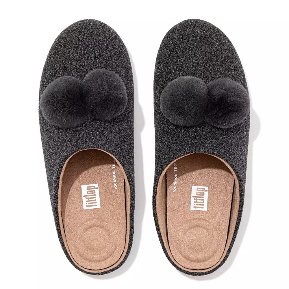 Dark Grey Women's Fitflop CHRISSIE Pom-Pom Felt Slippers | NZ.62SBC