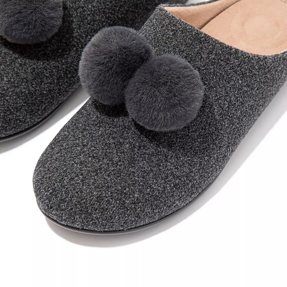 Dark Grey Women's Fitflop CHRISSIE Pom-Pom Felt Slippers | NZ.62SBC