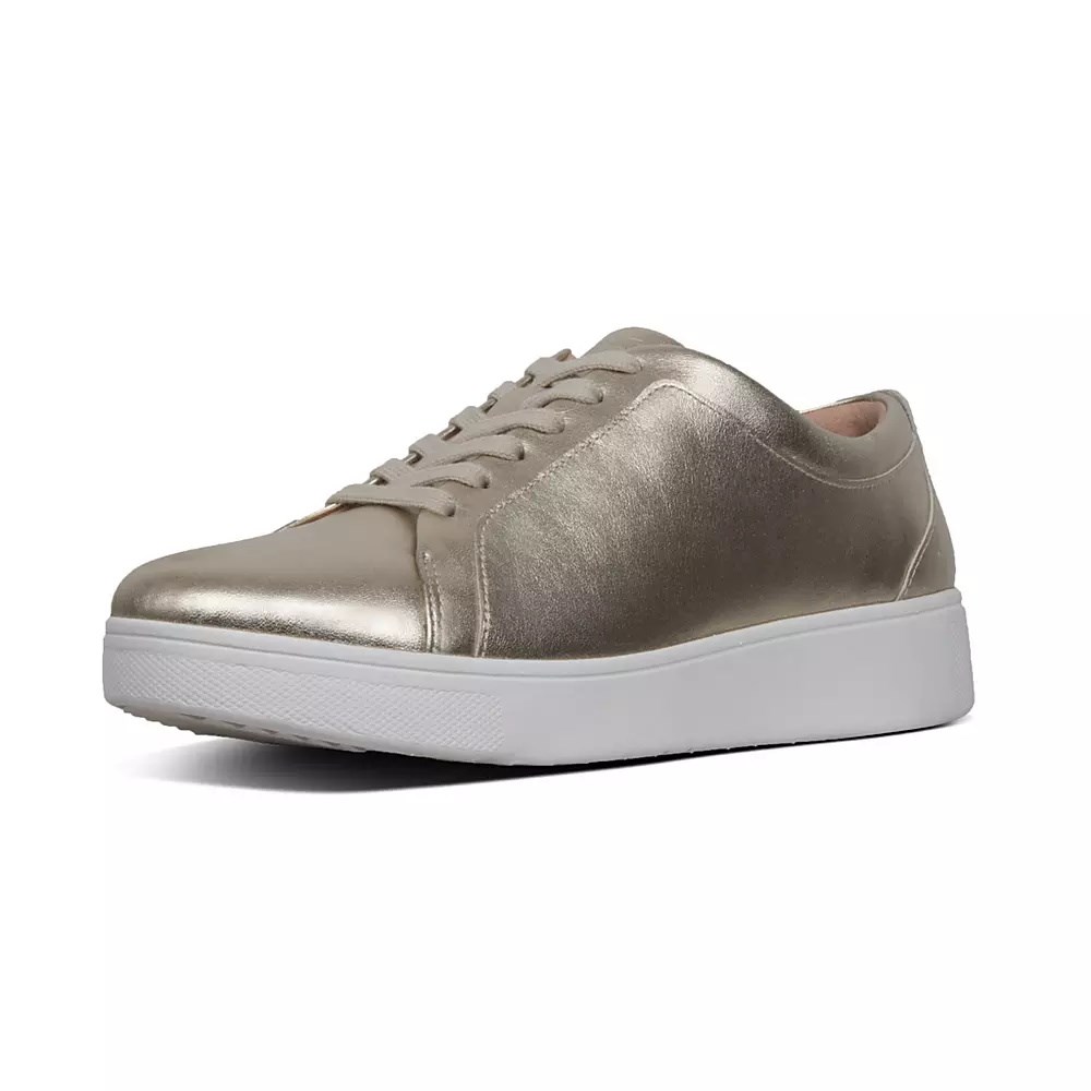 Gold Women's Fitflop RALLY Leather Sneakers | NZ.48XLJ