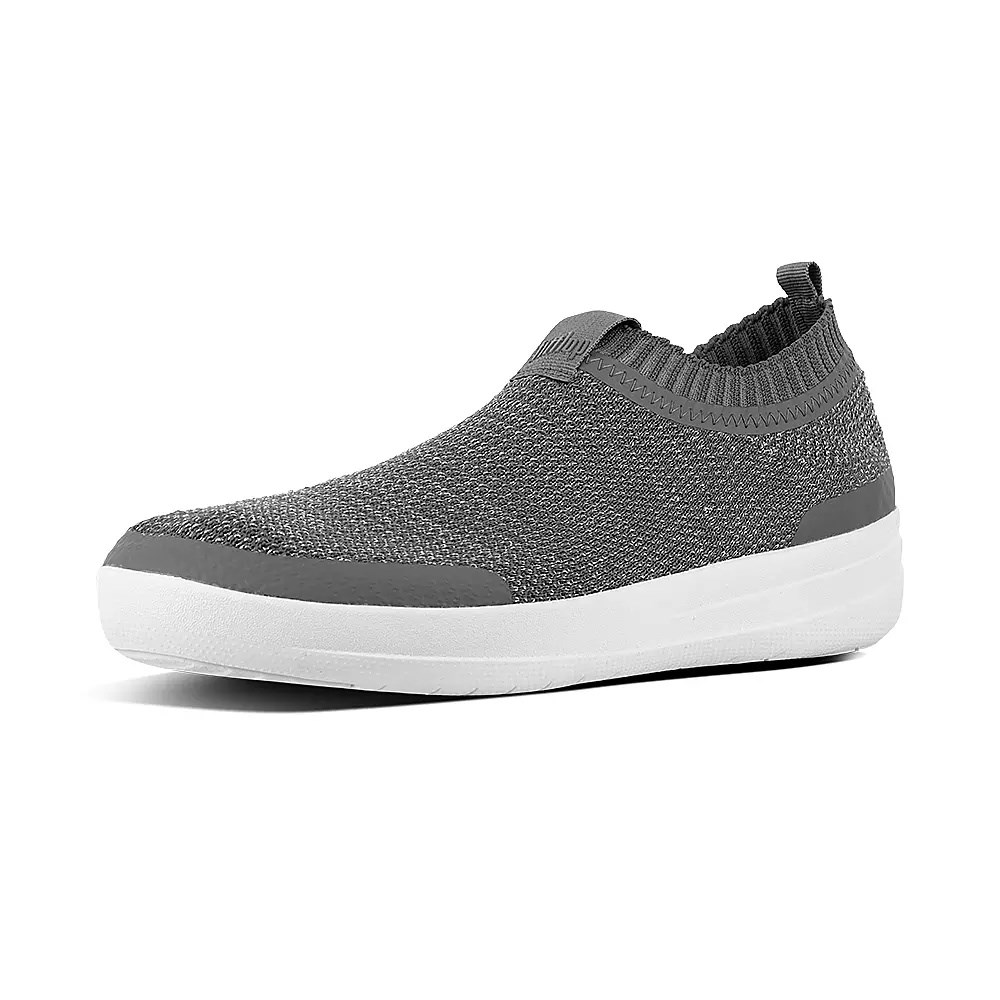 Grey Women's Fitflop ÜBERKNIT Metallic Weave Slip On Sneakers | NZ.10AIK