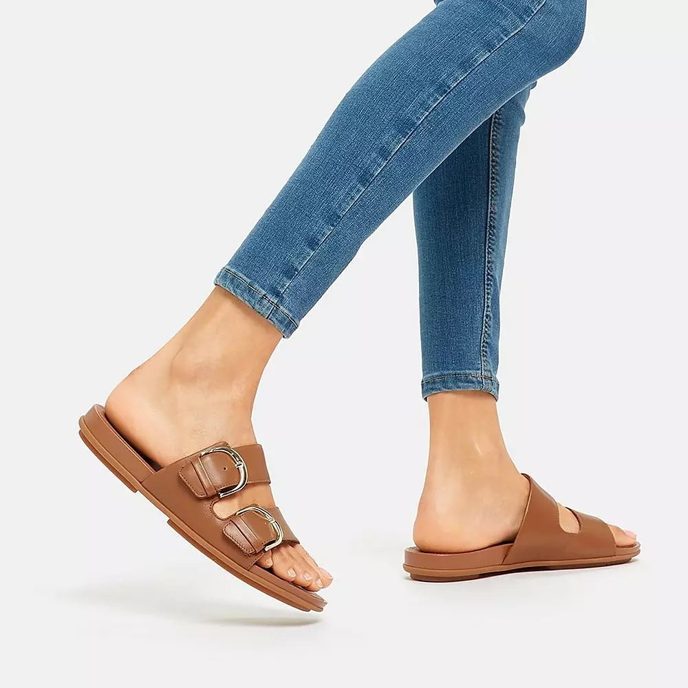 Light Brown Women's Fitflop GRACIE Buckle Leather Slides | NZ.46TMD