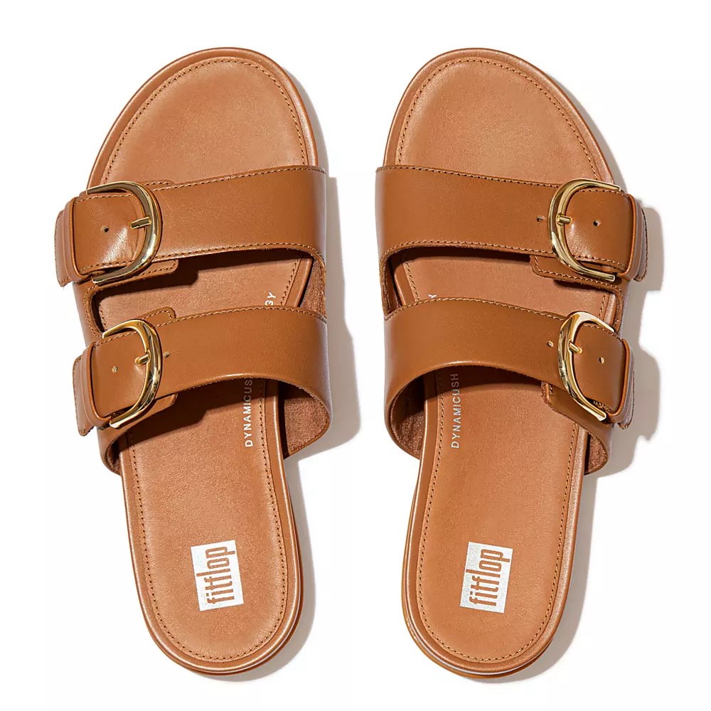 Light Brown Women's Fitflop GRACIE Buckle Leather Slides | NZ.46TMD