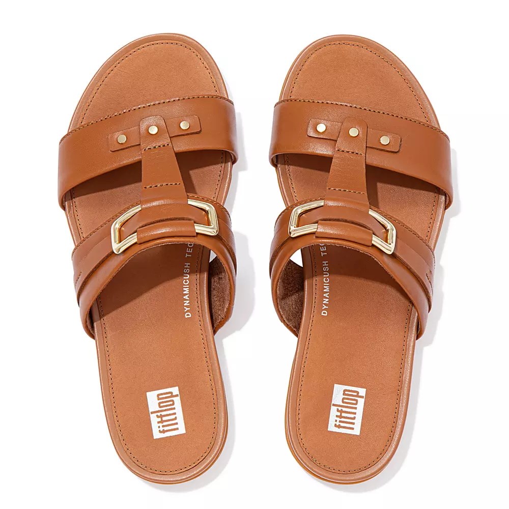 Light Brown Women's Fitflop GRACIE Stud-Buckle Leather Slides | NZ.64ASV