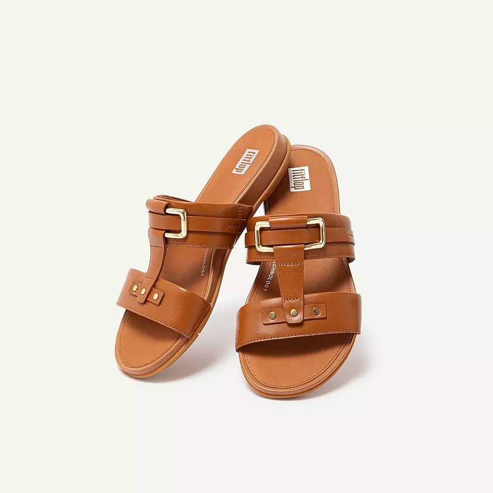 Light Brown Women's Fitflop GRACIE Stud-Buckle Leather Slides | NZ.64ASV