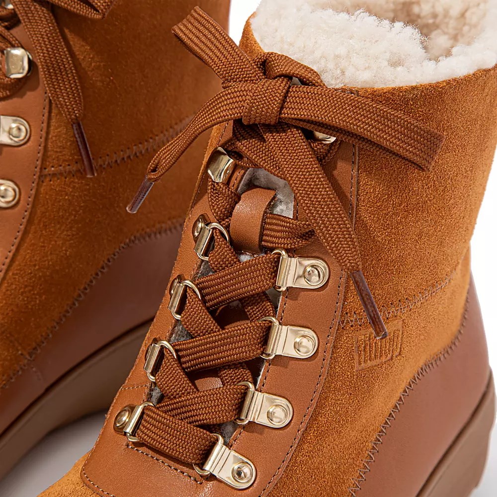 Light Brown Women's Fitflop MUKLUK Shearling-Lined Laced Ankle Boots | NZ.12YKL