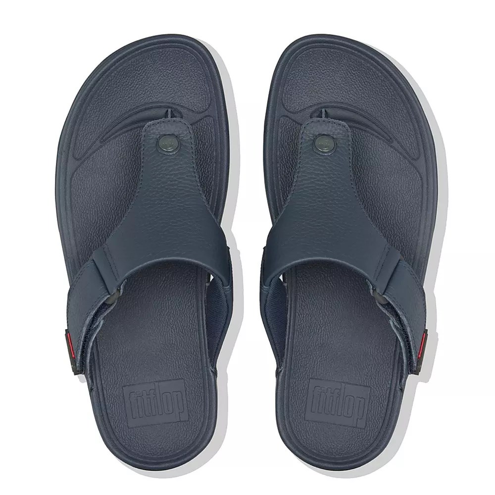 Navy Men's Fitflop TRAKK II Leather Toe-Post Sandals | NZ.36IBF