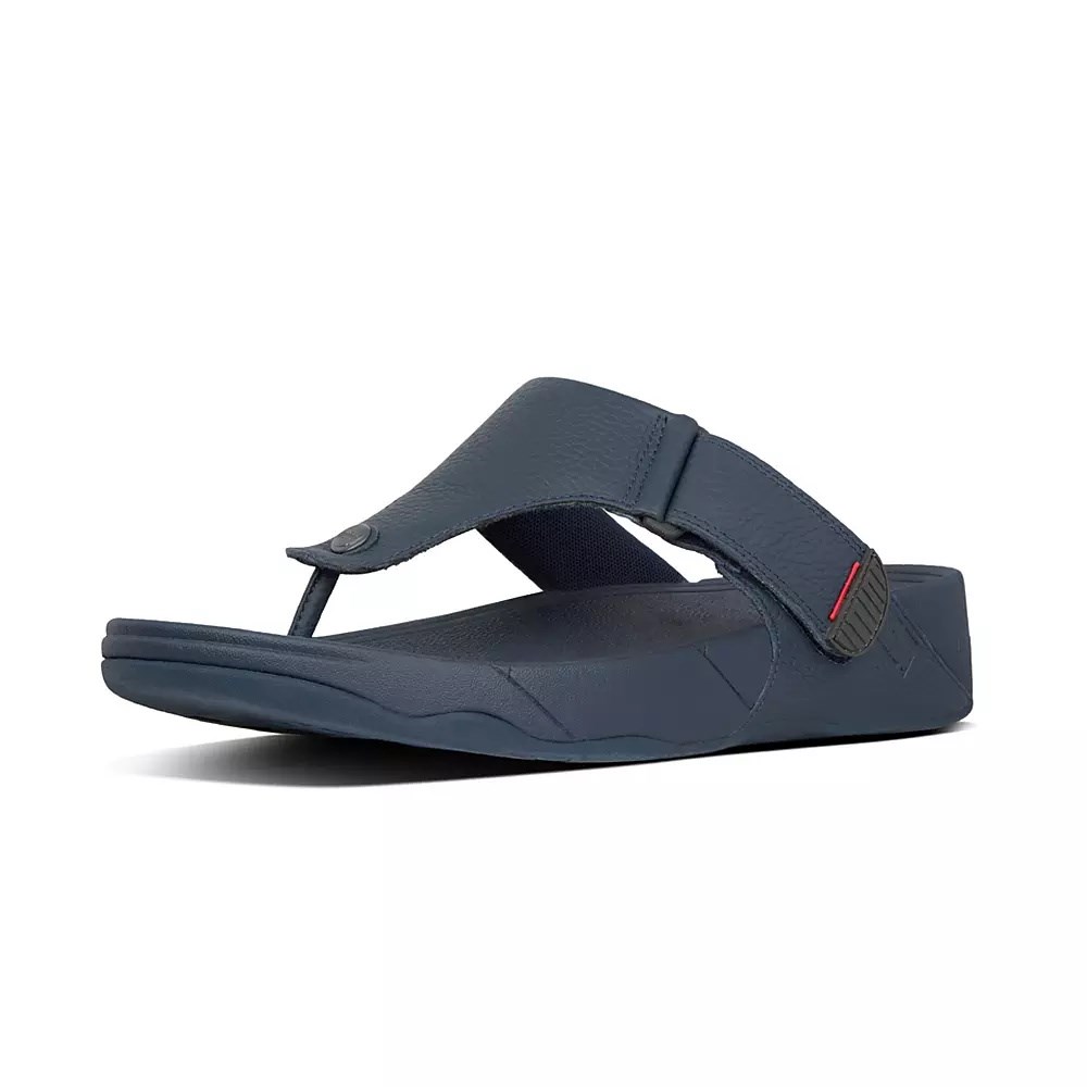 Navy Men's Fitflop TRAKK II Leather Toe-Post Sandals | NZ.36IBF