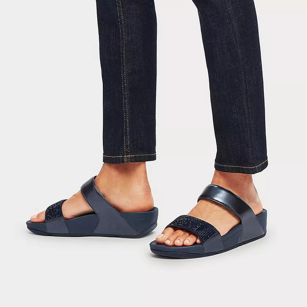 Navy Women's Fitflop LULU Crystal Slides | NZ.12YFE