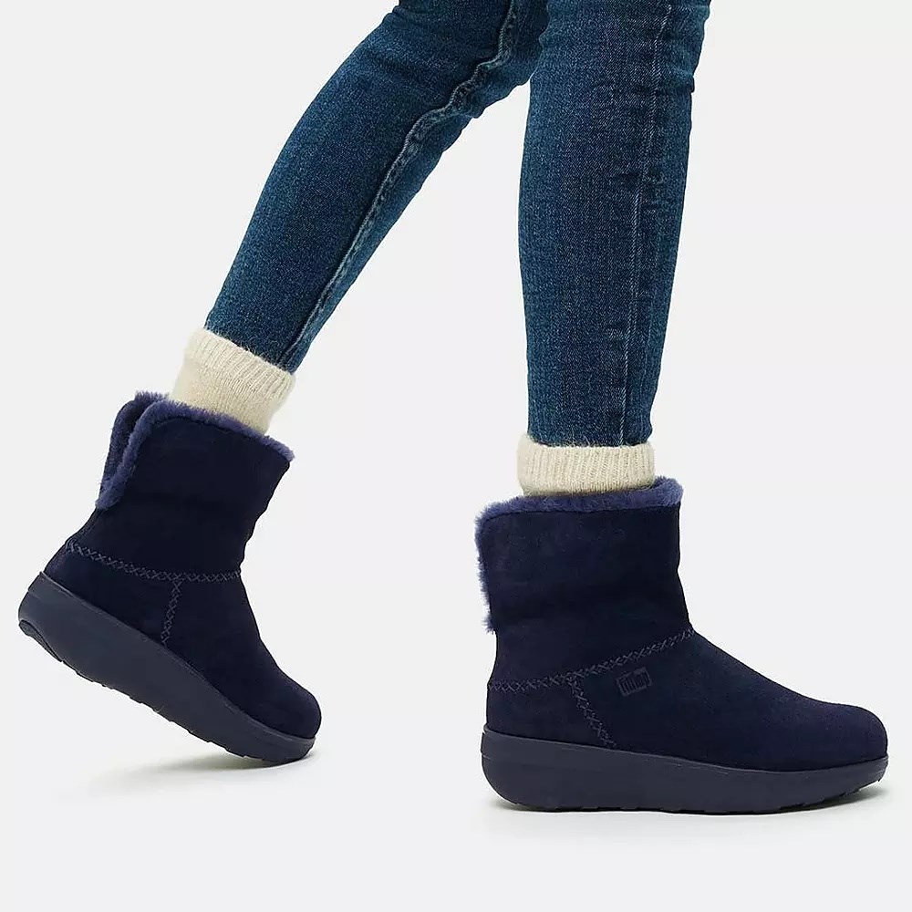 Navy Women's Fitflop MUKLUK SHORTY Shearling-Lined Suede Ankle Boots | NZ.49LWF