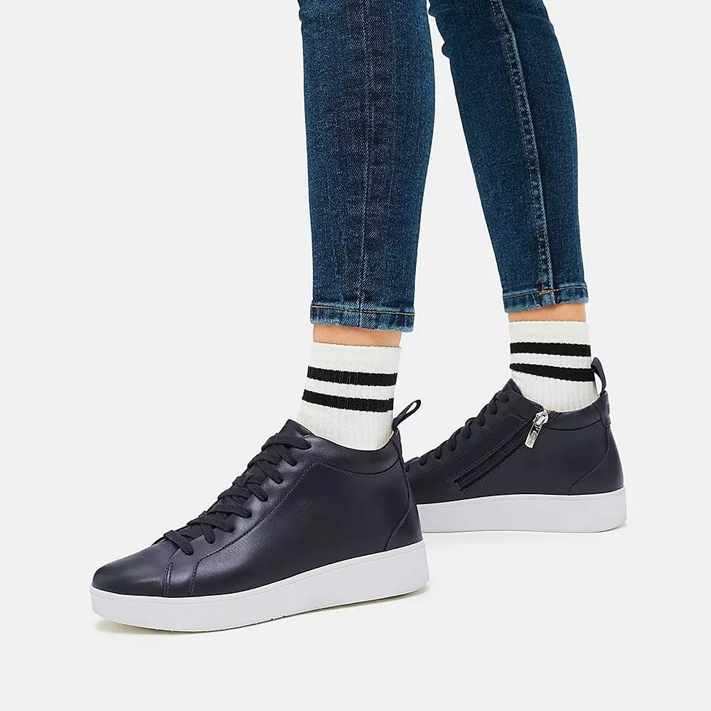 Navy Women's Fitflop RALLY Leather High Top Sneakers | NZ.19VNG