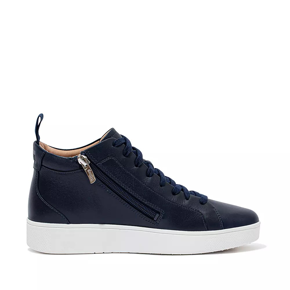 Navy Women's Fitflop RALLY Leather High Top Sneakers | NZ.19VNG