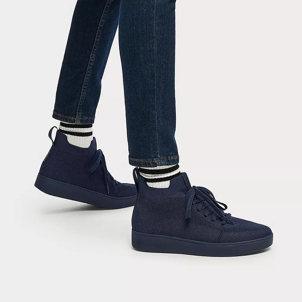 Navy Women's Fitflop RALLY Water-Resistant Knit High Top Sneakers | NZ.15LEZ