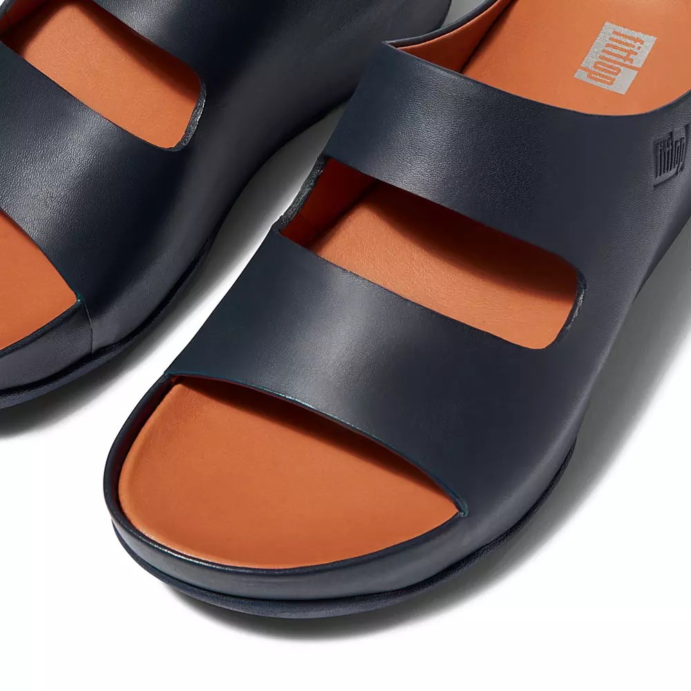 Navy Women's Fitflop SHUV Two-Bar Leather Slides | NZ.37UDX