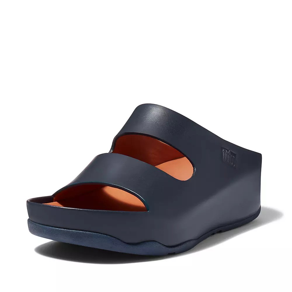 Navy Women's Fitflop SHUV Two-Bar Leather Slides | NZ.37UDX