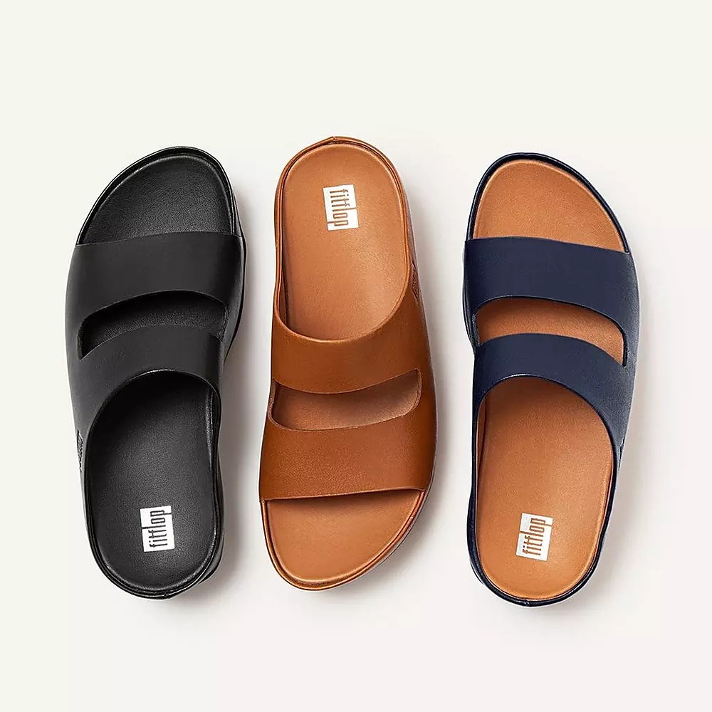 Navy Women's Fitflop SHUV Two-Bar Leather Slides | NZ.37UDX