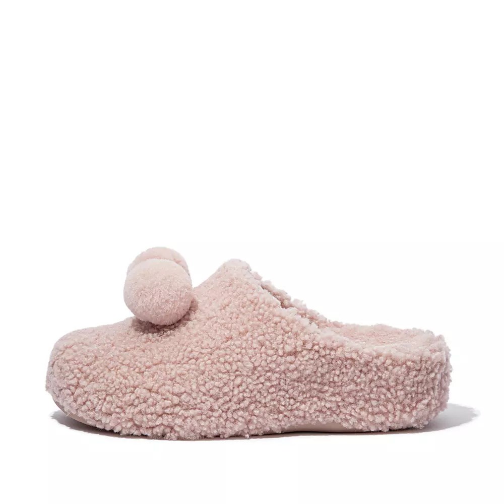 Pink Women\'s Fitflop SHUV Pom-Pom Shearling Clog Slippers | NZ.15PRO