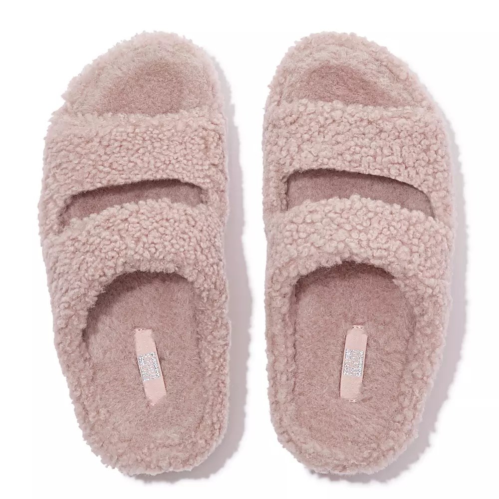 Pink Women's Fitflop SHUV Two-Bar Shearling Slides | NZ.89RWM