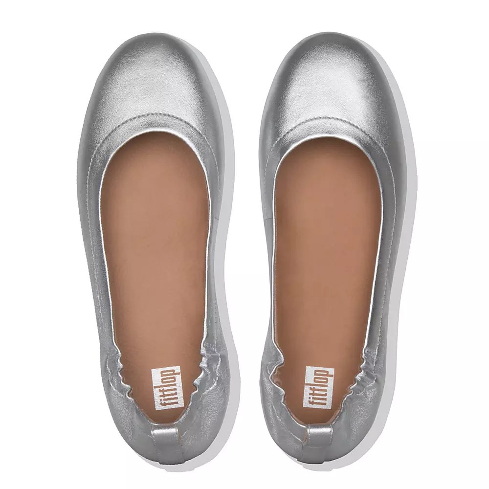 Silver Women's Fitflop ALLEGRO Soft Leather Ballet Flats | NZ.95LQZ